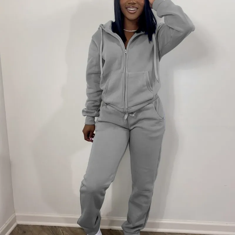 Hooded Long Sleeve Zipper Top And Pants Athletic Two-Piece Set