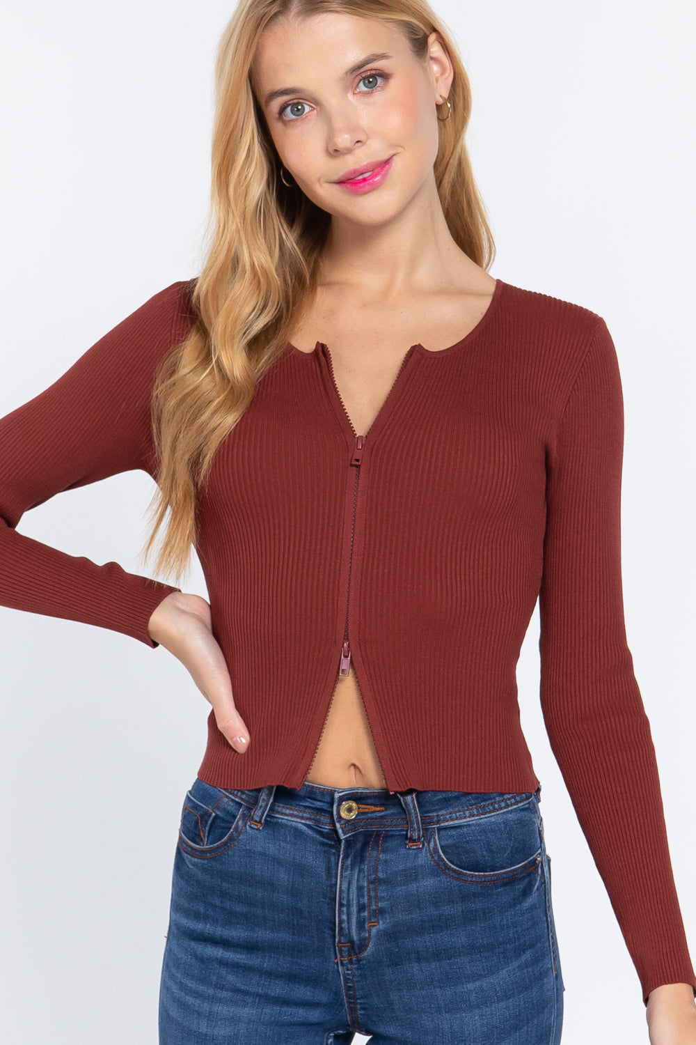 Rib Sweater Top W/front Zipper Red